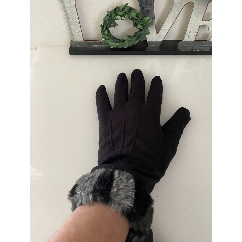 Vintage XS  Women's Faux Fur‎ Trim Gloves Winter Warm Black Gray Animal Print 2 - Picture 16 of 16